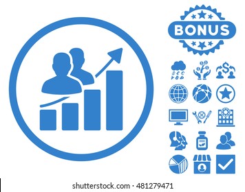 Audience Growth Chart icon with bonus. Vector illustration style is flat iconic symbols, cobalt color, white background.