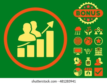 Audience Growth Chart icon with bonus. Vector illustration style is flat iconic bicolor symbols, orange and yellow colors, green background.