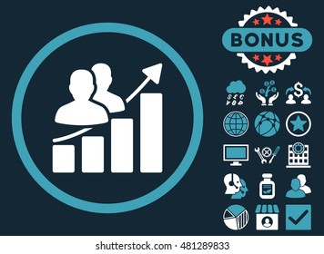 Audience Growth Chart icon with bonus. Vector illustration style is flat iconic bicolor symbols, blue and white colors, dark blue background.