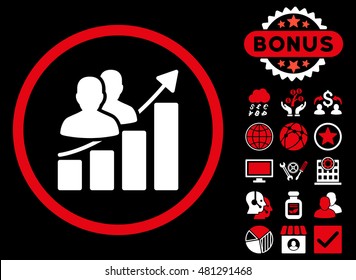 Audience Growth Chart icon with bonus. Vector illustration style is flat iconic bicolor symbols, red and white colors, black background.