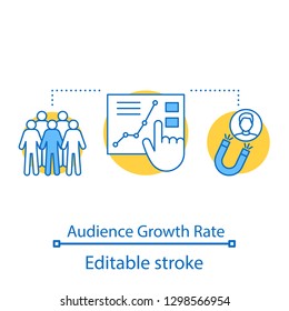 Audience growth rate concept icon. SMM metrics, tools. Customer atraction. Social media measurement and analytics idea thin line illustration. Vector isolated outline drawing. Editable stroke