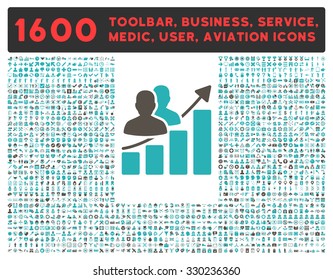 Audience Growth vector icon and 1600 other business, service tools, medical care, software toolbar, web interface pictograms. Style is bicolor flat symbols, grey and cyan colors, rounded angles, white