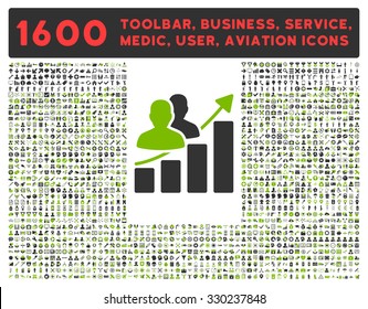 Audience Growth vector icon and 1600 other business, service tools, medical care, software toolbar, web interface pictograms. Style is bicolor flat symbols, eco green and gray colors, rounded angles