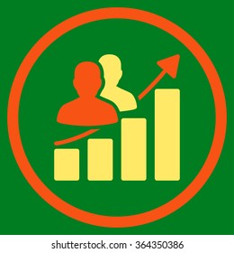 Audience Growth vector icon. Style is bicolor flat circled symbol, orange and yellow colors, rounded angles, green background.