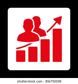 Audience Growth vector icon. This flat rounded square button uses red and white colors and isolated on a black background.