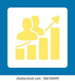 Audience Growth vector icon. This flat rounded square button uses yellow and white colors and isolated on a blue background.