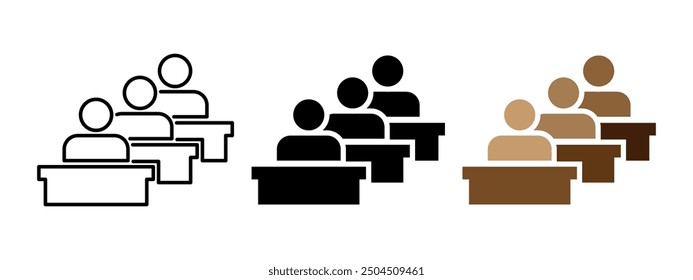 Audience icon. Group of pupil studying at the classroom. Person sitting at the school desk vector illustration. Group of students listening the lecture at the university. People audience concept.