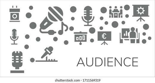 Symbolsatz für das Publikum. 11 gefüllte Symbole für das Publikum.  Einfache, moderne Symbole wie: Tribune, Sing, Mikrofon, Präsentation, Konferenz