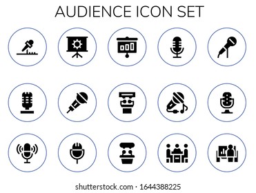 audience icon set. 15 filled audience icons.  Simple modern icons such as: Microphone, Presentation, Sing, Conference