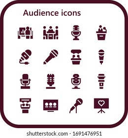 conjunto de iconos de audiencia. 16 iconos llenos de público.  Iconos modernos sencillos, como: Presentación, conferencia, micrófono