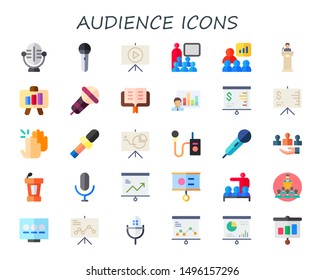 audience icon set. 30 flat audience icons.  Collection Of - microphone, mic, presentation, conference, lectern, business presentation, clap, customer, lecture