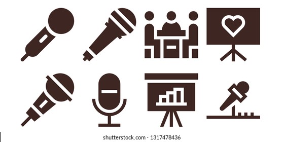 audience icon set. 8 filled audience icons.  Collection Of - Microphone, Presentation, Conference