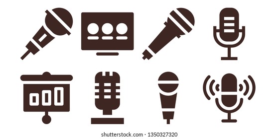 audience icon set. 8 filled audience icons.  Collection Of - Presentation, Microphone