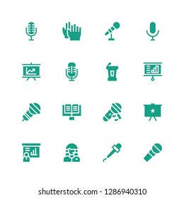 audience icon set. Collection of 16 filled audience icons included Microphone, Customer, Presentation, Lectern, Conference, Clap