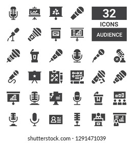 audience icon set. Collection of 32 filled audience icons included Presentation, Conference, Microphone, Customer, Strategy