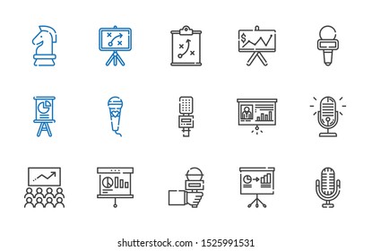 audience icons set. Collection of audience with microphone, presentation, class, strategy. Editable and scalable audience icons.