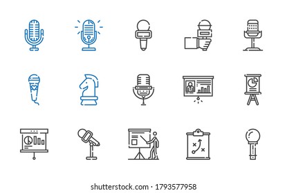 conjunto de iconos de audiencia. Colección de audiencia con micrófono, estrategia, presentación. Iconos de audiencia editables y escalables.