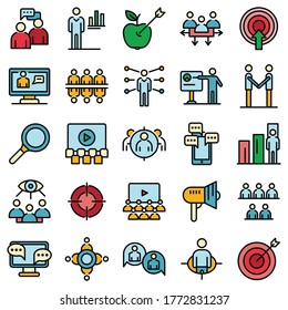 Audience icons set. Outline set of audience vector icons thin line color flat on white