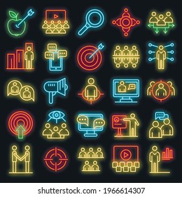 Audience icons set. Outline set of audience vector icons neon color on white