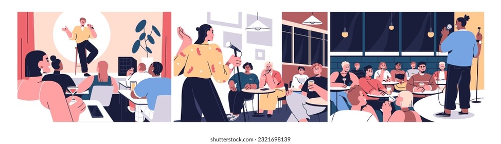 Audience laughing at standup comedy show. Stand-up comedians with microphones telling jokes on stage at open mic club. Comic, showman, host speaking humor monologue at public. Flat vector illustration