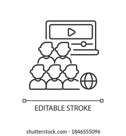 Audience linear icon. Online group. People watch video on internet. Networking during quarantine. Thin line customizable illustration. Contour symbol. Vector isolated outline drawing. Editable stroke