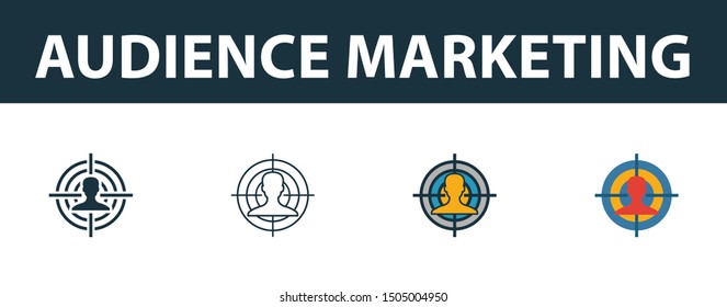 Audience Marketing icon set. Four elements in diferent styles from smm icons collection. Creative audience marketing icons filled, outline, colored and flat symbols.