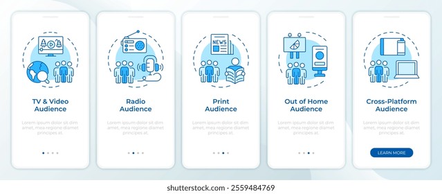 Audience measurement methods blue onboarding mobile app screen. Walkthrough 5 steps editable graphic instructions with linear concepts. UI, UX, GUI template