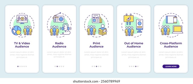 Audience measurement methods onboarding mobile app screen. Sales walkthrough 5 steps editable graphic instructions with linear concepts. UI, UX, GUI template