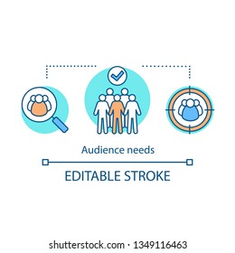 Audience needs concept icon. Public speaking. Target audience. Lead generation. Community, society.  Group of people. Protest, meeting thin line illustration. Vector isolated drawing. Editable stroke