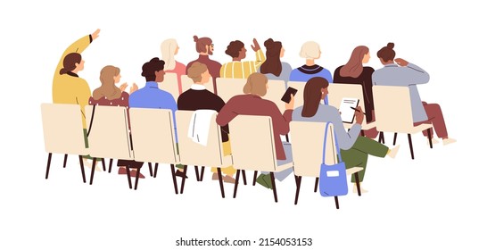 Audience  people backs at public event  seminar  Men   women group sitting chairs at conference  lecture  training  Backside auditorium  Flat vector illustration isolated white background