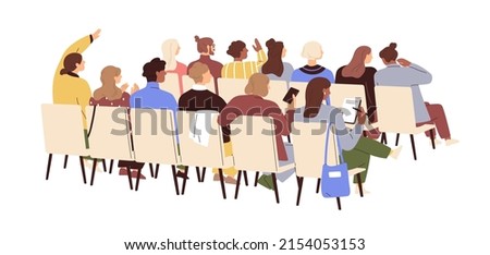 Audience, people backs at public event, seminar. Men and women group sitting on chairs at conference, lecture, training. Backside of auditorium. Flat vector illustration isolated on white background