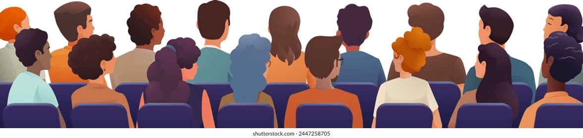 An audience of people at a presentation or in front of theater cinema movie screen or theatre stage