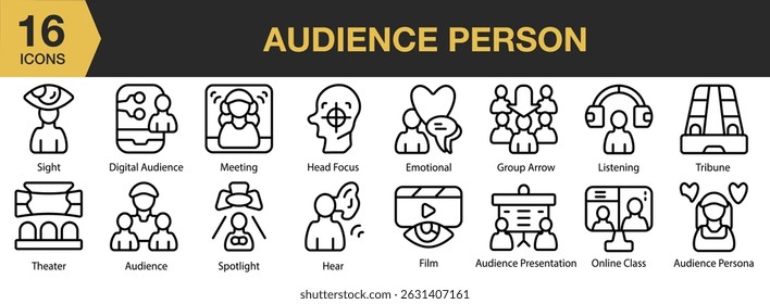 Ícone de Pessoa de Audiência definido. Inclui negócios, público, persona, estratégia, marketing, comprador e muito mais. Contornar coleção de vetores de ícones.