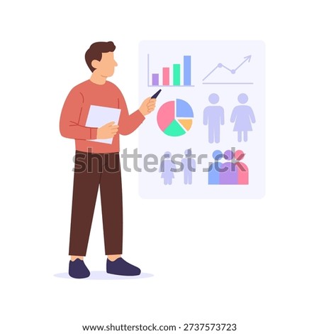 Audience Profiling, analyzing target customer characteristics effectively, Flat vector character illustration