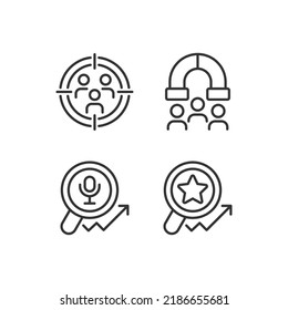 Audience research and analysis pixel perfect linear icons set. Customer segmentation. Voice search. Customizable thin line symbols. Isolated vector outline illustrations. Editable stroke