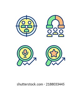 Audience research and analysis pixel perfect RGB color icons set. Customer segmentation. Voice search. Isolated vector illustrations. Simple filled line drawings collection. Editable stroke