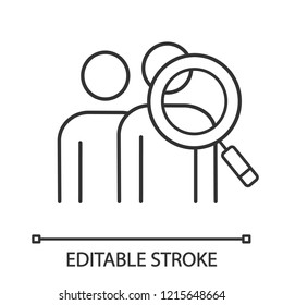 Audience research linear icon. Visitors increasing. Thin line illustration. Human resources. Staff searching. HR. Magnifying glass with people. Contour vector isolated outline drawing. Editable stroke