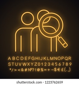 Audience research neon light icon. Visitors increasing. Human resources. Staff searching. Marketing. Magnifying glass with people. Glowing sign with alphabet, numbers. Vector isolated illustration