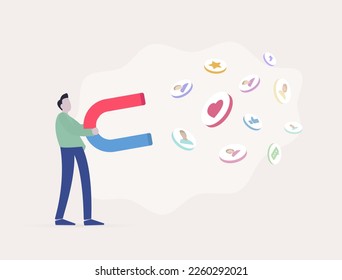 Audience Retention - SMM marketer captivates their audience. Man holding strong magnet and audience retention, attract social media engagement symbol such as follow, likes, shares, favorites, comments