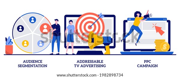 Audience segmentation, addressable tv\
advertising, ppc campaign concept with tiny people. Targeted\
promotion, SEO, digital marketing vector illustration set.\
Geotargeting, CPC advertisement\
metaphor.