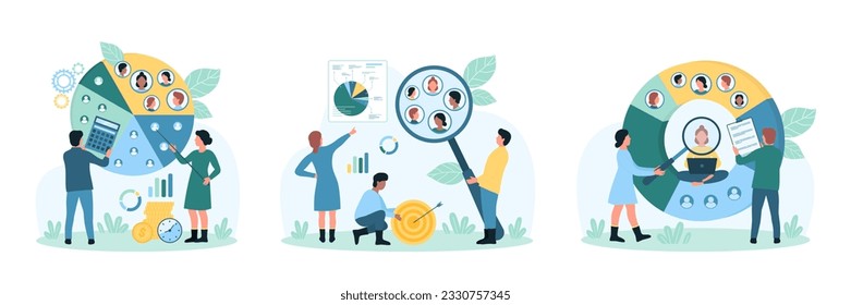 Publikumssegmentierung und Analyse Satz Vektorgrafik. Cartoon-winzige Menschen erforschen Humanressourcen für die Positionierung von Marken, teilen verschiedene potenzielle Kunden in Gruppen-Kuchen-Diagramm