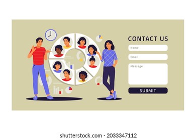 Audience segmentation concept. Contact us form. People near a large circular chart with images of people. Vector illustration. Flat.