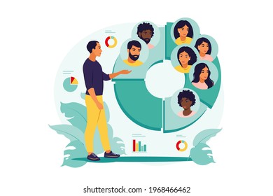 Audience segmentation concept. Man near a large circular chart with images of people. Vector illustration. Flat.