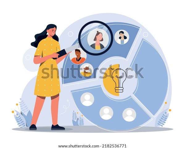 Audience segmentation concept. Woman with\
magnifying glass evaluates graphs and charts. Working with\
statistics and marketing research. Company defines customers.\
Cartoon flat vector\
illustration