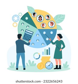 Audience segmentation, marketing research vector illustration. Cartoon tiny people with calculator and pointer divide potential customers focus group into pie chart segments, demographic data analysis