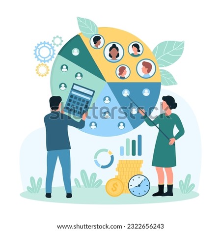 Audience segmentation, marketing research vector illustration. Cartoon tiny people with calculator and pointer divide potential customers focus group into pie chart segments, demographic data analysis