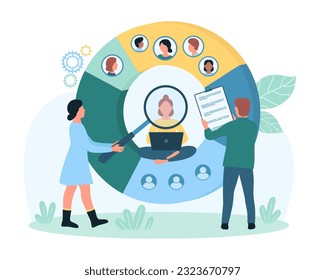 Audience segmentation vector illustration. Cartoon tiny people holding magnifier to research potential client and brands niche, divide category and groups of different people in infographic pie chart