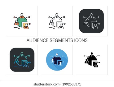 Conjuntos de iconos de segmentos de audiencia.Proceso de dividir la audiencia en grupos de personas, tienen necesidades, valores, características similares.Colección de iconos en estilos de color lineales, rellenos.Iconos vectoriales aislados