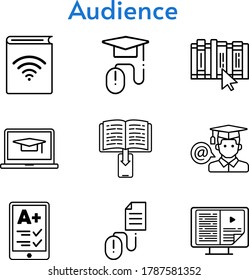 audience set. included audiobook, ereader, student-laptop, ebook, elearning, book, student (1), click icons. linear styles.