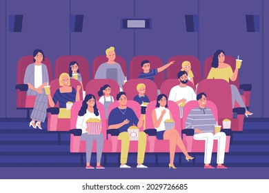 The audience sitting in a cinema hall and watching a movie flat vector illustration